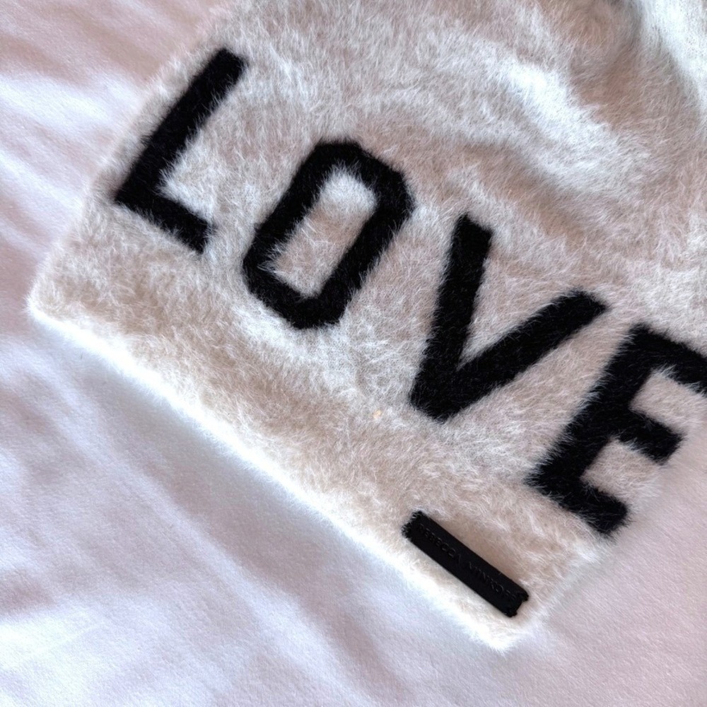 Rebecca‎ Minkoff Love Beanie Fuzzy Eyelash Knit Cream Black Graphic OSFA